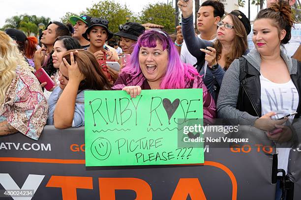 General atmosphere of a fan is displayed at the Ruby Rose interivew at "Extra" at Universal Studios Hollywood on July 8, 2015 in Universal City,...