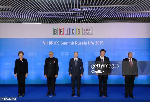 Brazil's President Dilma Rousseff, Indian Prime Minister Narendra Modi, Russia's President Vladimir Putin, China's President Xi Jinping and South...