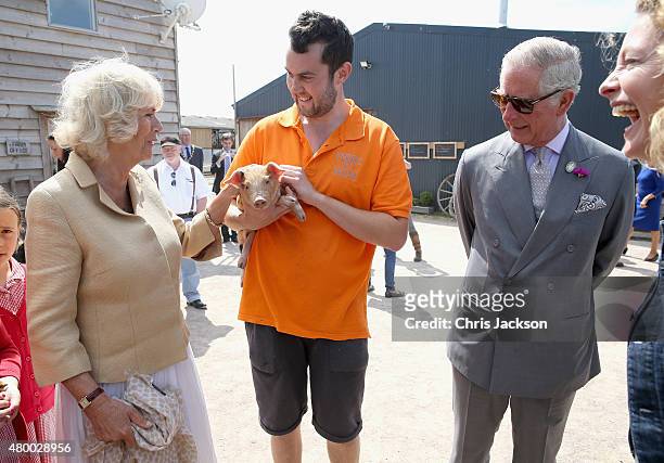 Camilla, Duchess of Cornwall and Prince Charles, Prince of Wales are shown a piglet as they visit Humble by Nature Farm on July 9 2015 in Monmouth,...