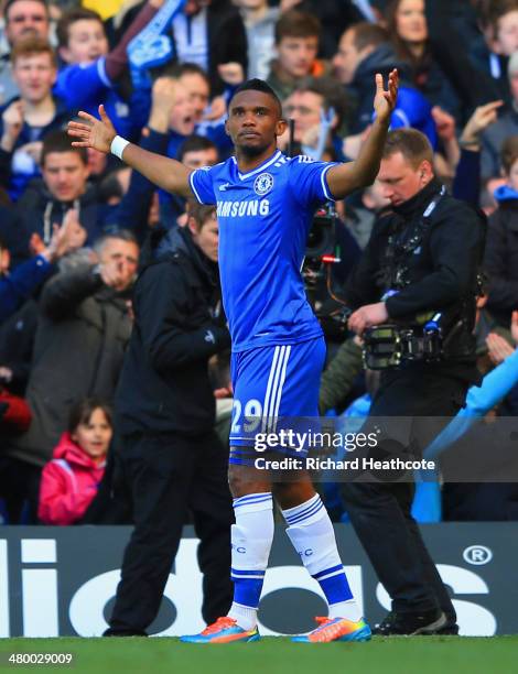 Samuel Eto'o of Chelsea celebrates scoring the opening goal uring the Barclays Premier League match between Chelsea and Arsenal at Stamford Bridge on...