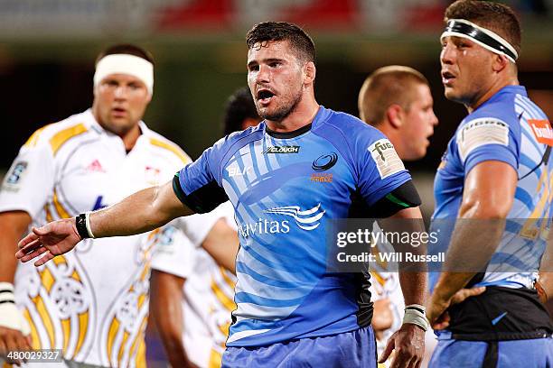 Nathan Charles of the Force gestures to the bench during the round six Super Rugby match between the Force and the Chiefs at nib Stadium on March 22,...