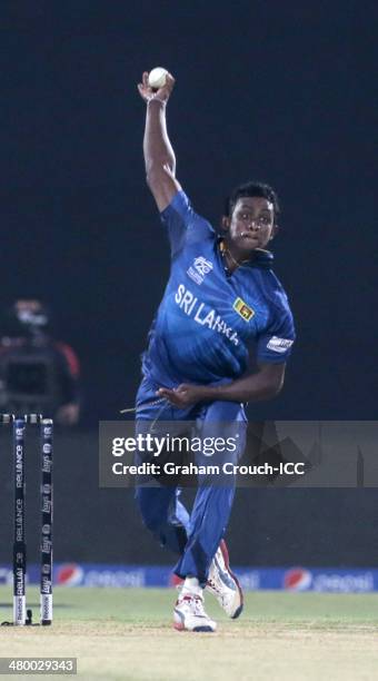 Ajantha Mendis of Sri Lanka during the Sri Lanka v South Africa match at the ICC World Twenty20 Bangladesh 2014 played at Zahur Ahmed Chowdhury...