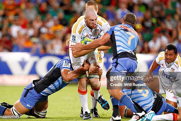 Brodie Retallick of the Chiefs is tackled during the round six Super Rugby match between the Force and the Chiefs at nib Stadium on March 22, 2014 in...