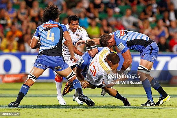 Tim Nanai-Williams of the Chiefs is tackled during the round six Super Rugby match between the Force and the Chiefs at nib Stadium on March 22, 2014...