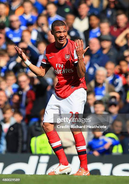 Kieran Gibbs of Arsenal reacts after being shown a straight red during the Barclays Premier League match between Chelsea and Arsenal at Stamford...