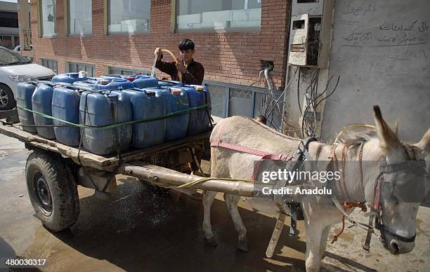 Pakistani boy fills water canes loaded on a donkey cart from a water tap March 22 in Islamabad, Pakistan, on the eve of World Water Day. According to...