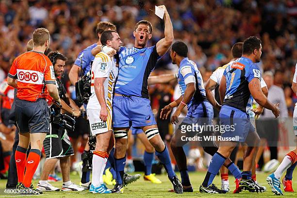 Wilhelm Steenkamp of the Force celebrates after the team's win during the round six Super Rugby match between the Force and the Chiefs at nib Stadium...