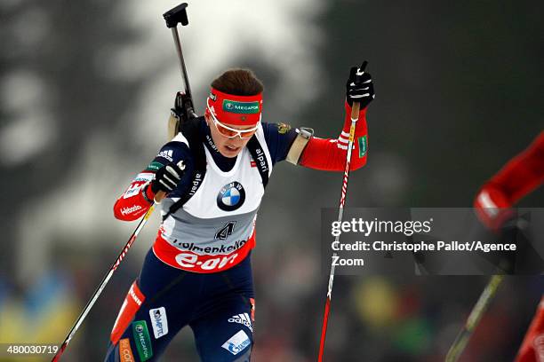 Olga Vilukhina of Russia takes 3rd place during the IBU Biathlon World Cup Men's and Women's Pursuit on March 22, 2014 in Oslo Holmenkollen, Norway.