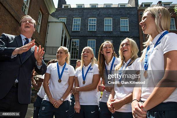 British Prime Minister David Cameron meets members of the England Women's Football team at 10 Downing Street on July 9, 2015 in London, England. The...