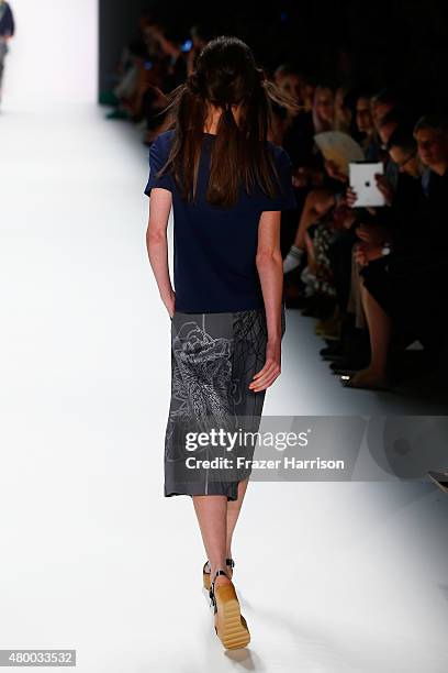 Model walks the runway at the Barre Noire presented by Mastercard show during the Mercedes-Benz Fashion Week Berlin Spring/Summer 2016 at Brandenburg...