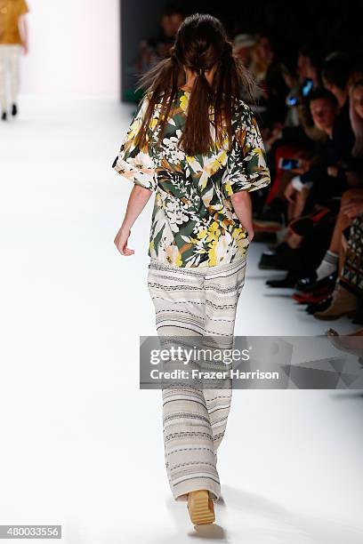 Model walks the runway at the Barre Noire presented by Mastercard show during the Mercedes-Benz Fashion Week Berlin Spring/Summer 2016 at Brandenburg...