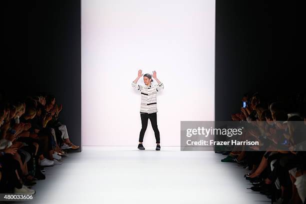 Designer Timm Suessbrich walks the runway after the Barre Noire presented by Mastercard show during the Mercedes-Benz Fashion Week Berlin...