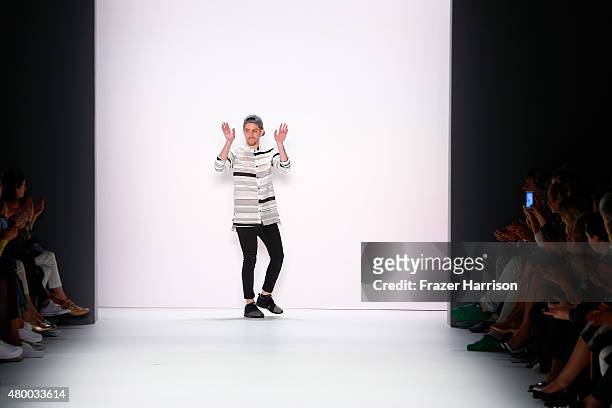 Designer Timm Suessbrich walks the runway after the Barre Noire presented by Mastercard show during the Mercedes-Benz Fashion Week Berlin...