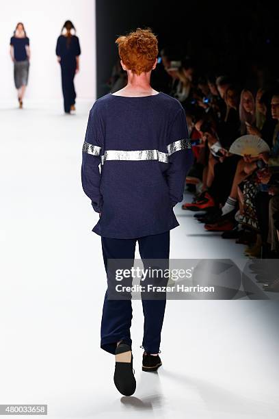 Model walks the runway at the Barre Noire presented by Mastercard show during the Mercedes-Benz Fashion Week Berlin Spring/Summer 2016 at Brandenburg...