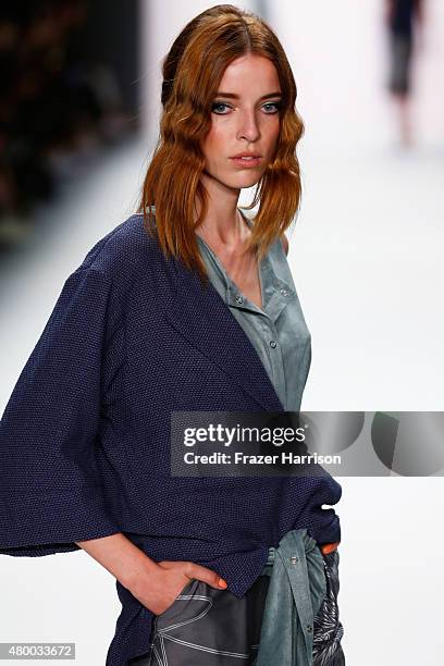 Model walks the runway at the Barre Noire presented by Mastercard show during the Mercedes-Benz Fashion Week Berlin Spring/Summer 2016 at Brandenburg...