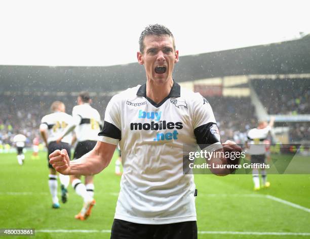 Craig Bryson of Derby County celebrates his third goal from the penalty spot during the Sky Bet Championship match between Derby County and...