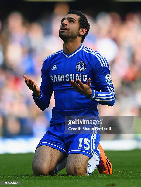 Mohamed Salah of Chelsea celebrates scoring their sixth goal uring the Barclays Premier League match between Chelsea and Arsenal at Stamford Bridge...