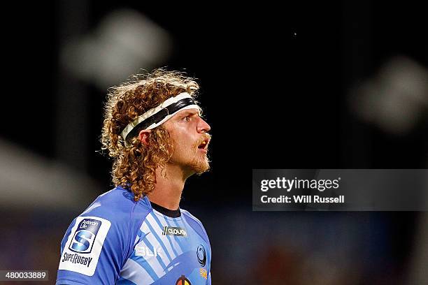 Nick Cummins of the Force looks on during the round six Super Rugby match between the Force and the Chiefs at nib Stadium on March 22, 2014 in Perth,...