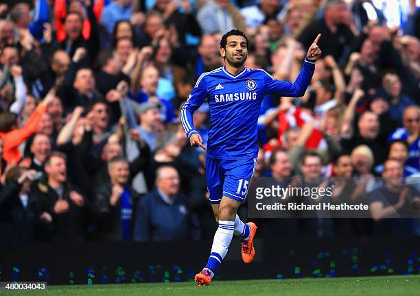 Mohamed Salah of Chelsea celebrates scoring their sixth goal uring the Barclays Premier League match between Chelsea and Arsenal at Stamford Bridge...