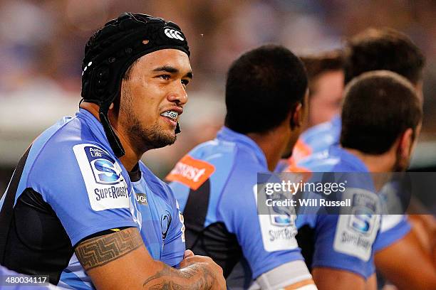 Tetera Faulkner of the Force loks on from the bench during the round six Super Rugby match between the Force and the Chiefs at nib Stadium on March...