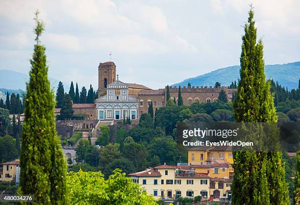 Tourists and traveler visit the sightseeing point Fort Belvedere with a panoramic view on Abbazia di San Miniato al Monte on June 16, 2015 in...
