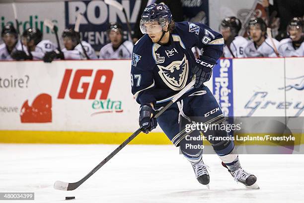 Jeremy Roy of the Sherbrooke Phoenix skates with the puck against the Gatineau Olympiques during the QMJHL game on March 14, 2014 at Robert Guertin...