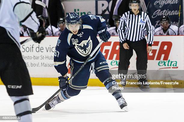 Jeremy Roy of the Sherbrooke Phoenix fires a shot against the Gatineau Olympiques during the QMJHL game on March 14, 2014 at Robert Guertin Arena in...