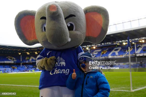 Everton fan Sam Dunne poses for a photograph with the Everton mascot before the Barclays Premier League match between Everton and Swansea City at...