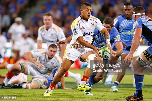 Augustine Pulu of the Chiefs looks to pass the ball during the round six Super Rugby match between the Force and the Chiefs at nib Stadium on March...