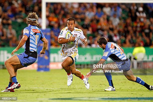 Tim Nanai-Williams of the Chiefs avoids a tackle during the round six Super Rugby match between the Force and the Chiefs at nib Stadium on March 22,...