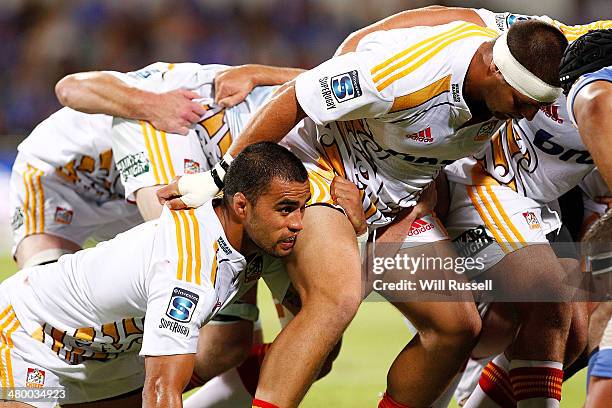 Liam Messam of the Chiefs in the scrum during the round six Super Rugby match between the Force and the Chiefs at nib Stadium on March 22, 2014 in...