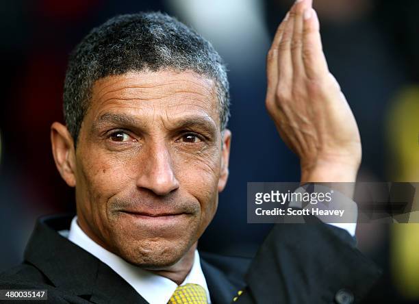 Chris Hughton the Norwich manager looks on uring the Barclays Premier League match between Norwich City and Sunderland at Carrow Road on March 22,...