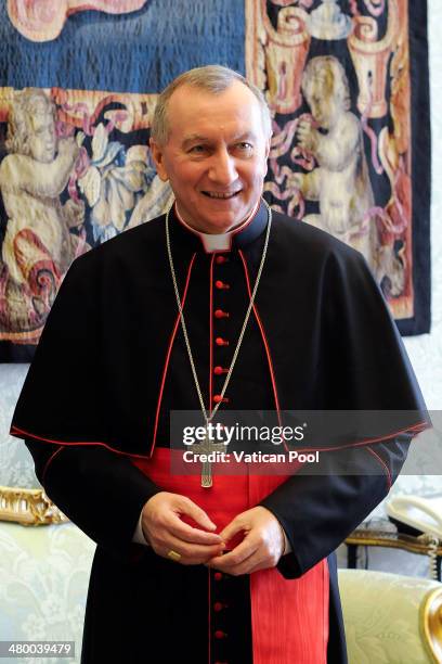 Vatican Secretary of State Cardinal Pietro Parolin during a meeting between Pope Francis and President of Nigeria Goodluck Jonathan at the Pontiff's...