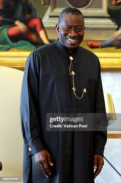 President of Nigeria Goodluck Jonathan meets Pope Francis at his private library in the Apostolic Palace on March 22, 2014 in Vatican City, Vatican....