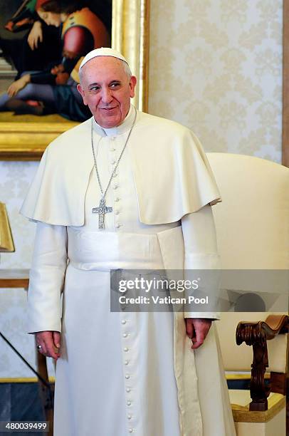 Pope Francis during a meeting with President of Nigeria Goodluck Jonathan at his private library in the Apostolic Palace on March 22, 2014 in Vatican...