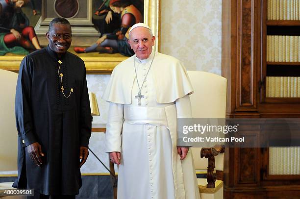 Pope Francis meets President of Nigeria Goodluck Jonathan at his private library in the Apostolic Palace on March 22, 2014 in Vatican City, Vatican....