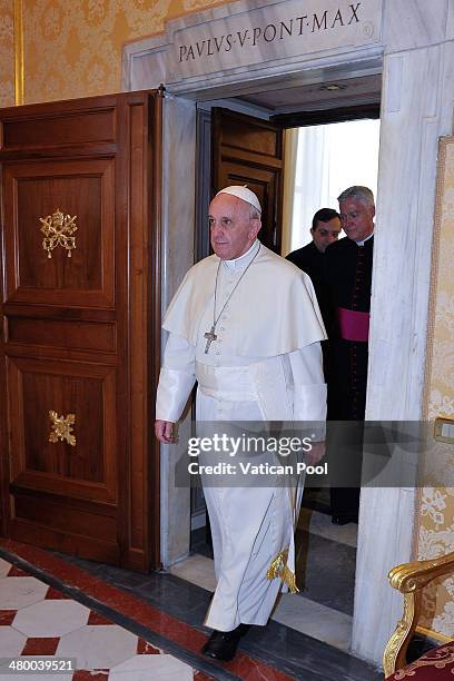 Pope Francis during a meeting with President of Nigeria Goodluck Jonathan at his private library in the Apostolic Palace on March 22, 2014 in Vatican...