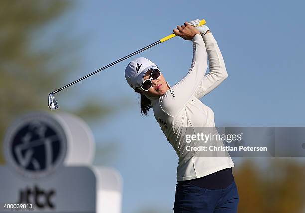 Hee Kyung Seo of South Korea hits a tee shot on the 14th hole during the second round of the JTBC LPGA Founders Cup at Wildfire Golf Club on March...