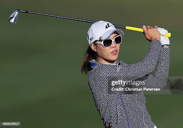 Hee Kyung Seo of South Korea hits her second shot on the 10th hole during the second round of the JTBC LPGA Founders Cup at Wildfire Golf Club on...