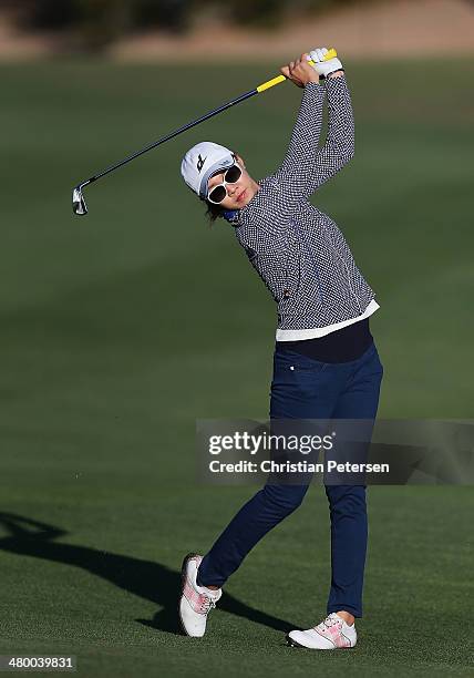 Hee Kyung Seo of South Korea hits her second shot on the 10th hole during the second round of the JTBC LPGA Founders Cup at Wildfire Golf Club on...