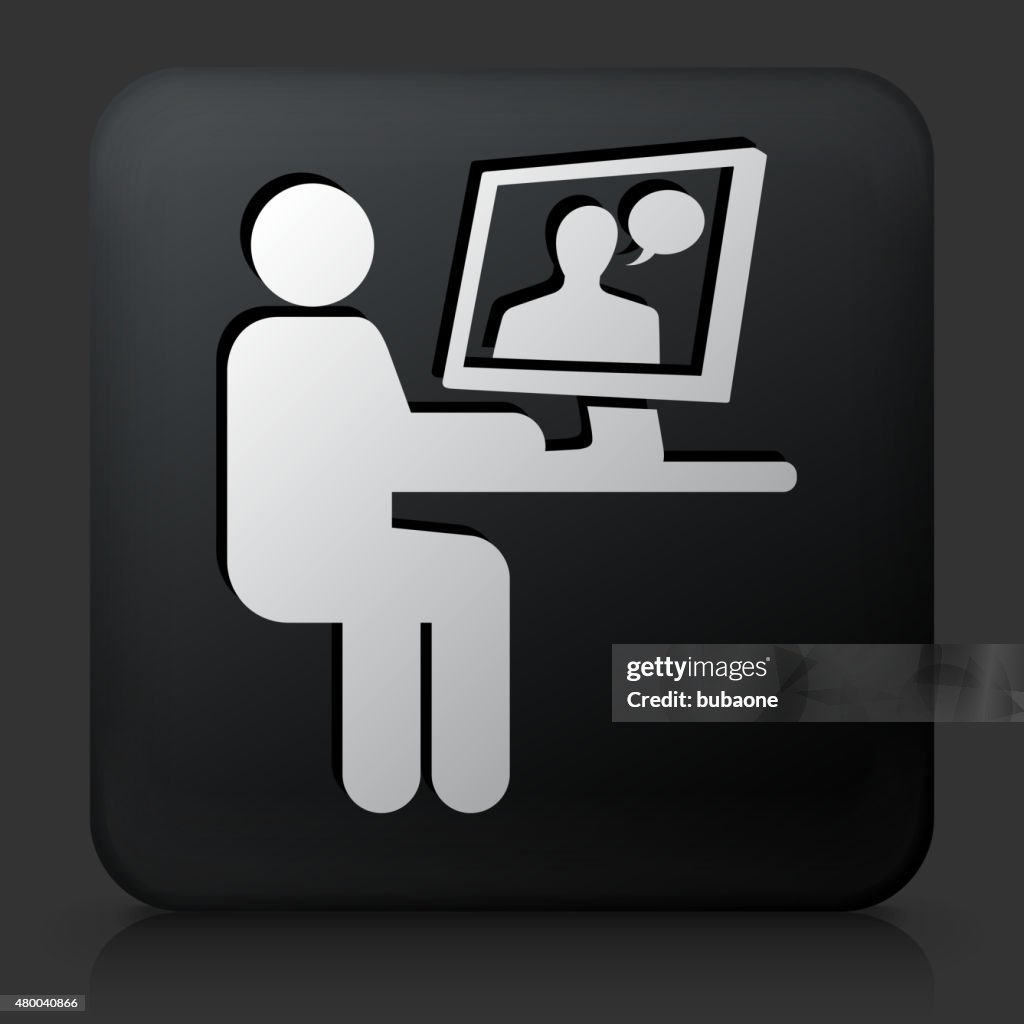Button Computer. Man Black Square Button With Person Chating On Computer High-Res Vector ...