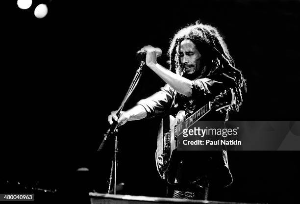 Musician Bob Marley performs onstage at the Auditorium Theater, Chicago, Illinois, May 27, 1978.