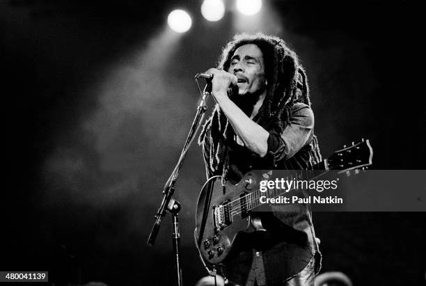 Musician Bob Marley performs onstage at the Auditorium Theater, Chicago, Illinois, May 27, 1978.