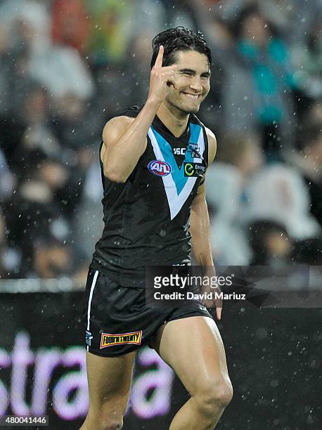 Chad Wingard of the Power celebrates his goal during the round 15 AFL match between Port Adelaide Power and Collingwood Magpies at Adelaide Oval on...