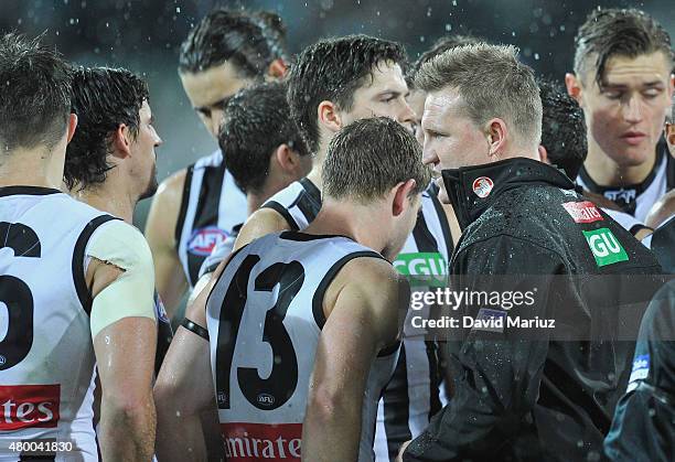 Magpies coach Nathan Buckley during the round 15 AFL match between Port Adelaide Power and Collingwood Magpies at Adelaide Oval on July 9, 2015 in...