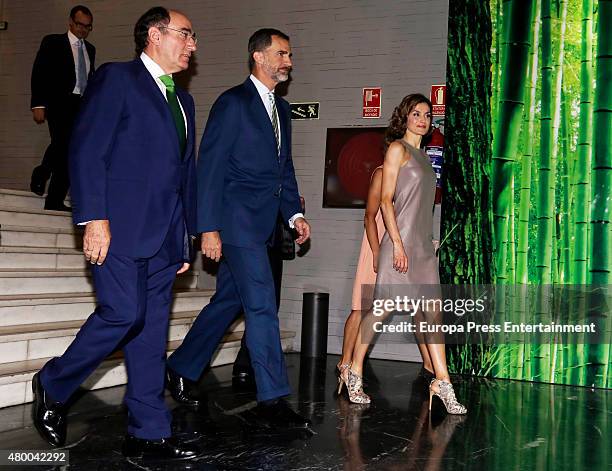 King Felipe of Spain , Ignacio Sanchez Galan and Queen Letizia of Spain deliver Iberdrola Foundation scholarships at casa de America on July 9, 2015...