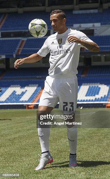 Danilo plays with the ball during his official presentation as a new Real Madrid player at Estadio Santiago Bernabeu on July 9, 2015 in Madrid, Spain.