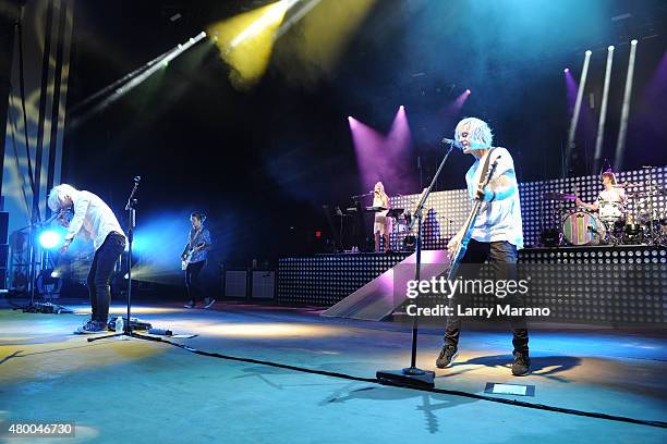 Rocky Lynch, Ross Lynch, Rydel Lynch, Riker Lynch and Ellington Ratliff of R5 perform at the Mizner Park Amphitheatre on July 8, 2015 in Boca Raton,...