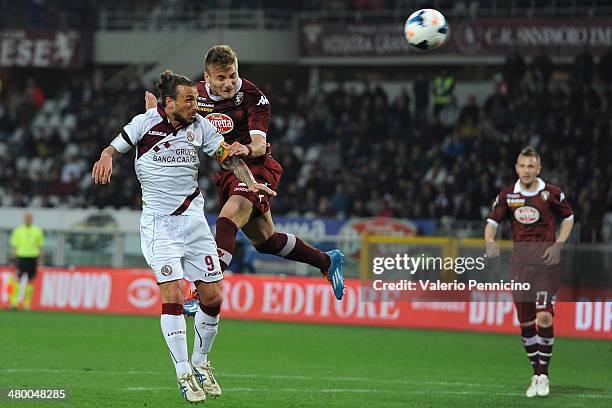 Ciro Immobile of Torino FC scores the opening goal during the Serie A match between Torino FC and AS Livorno Calcio at Stadio Olimpico di Torino on...