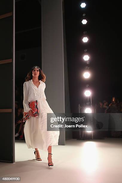 Model is seen backstage at the Dimitri show during the Mercedes-Benz Fashion Week Berlin Spring/Summer 2016 at Brandenburg Gate on July 9, 2015 in...